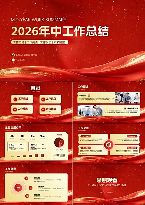 红金商务感企业工作总结汇报PPT套装