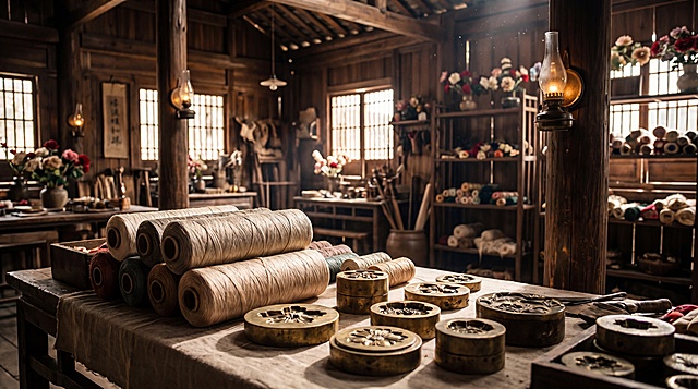 古色绒花工坊第三角度场景，斜侧视角，展示工作台上整卷蚕丝线与黄铜模具，背景为传统木质工坊环境，光影层次丰富，复古国风氛围感浓厚，电影质感画面