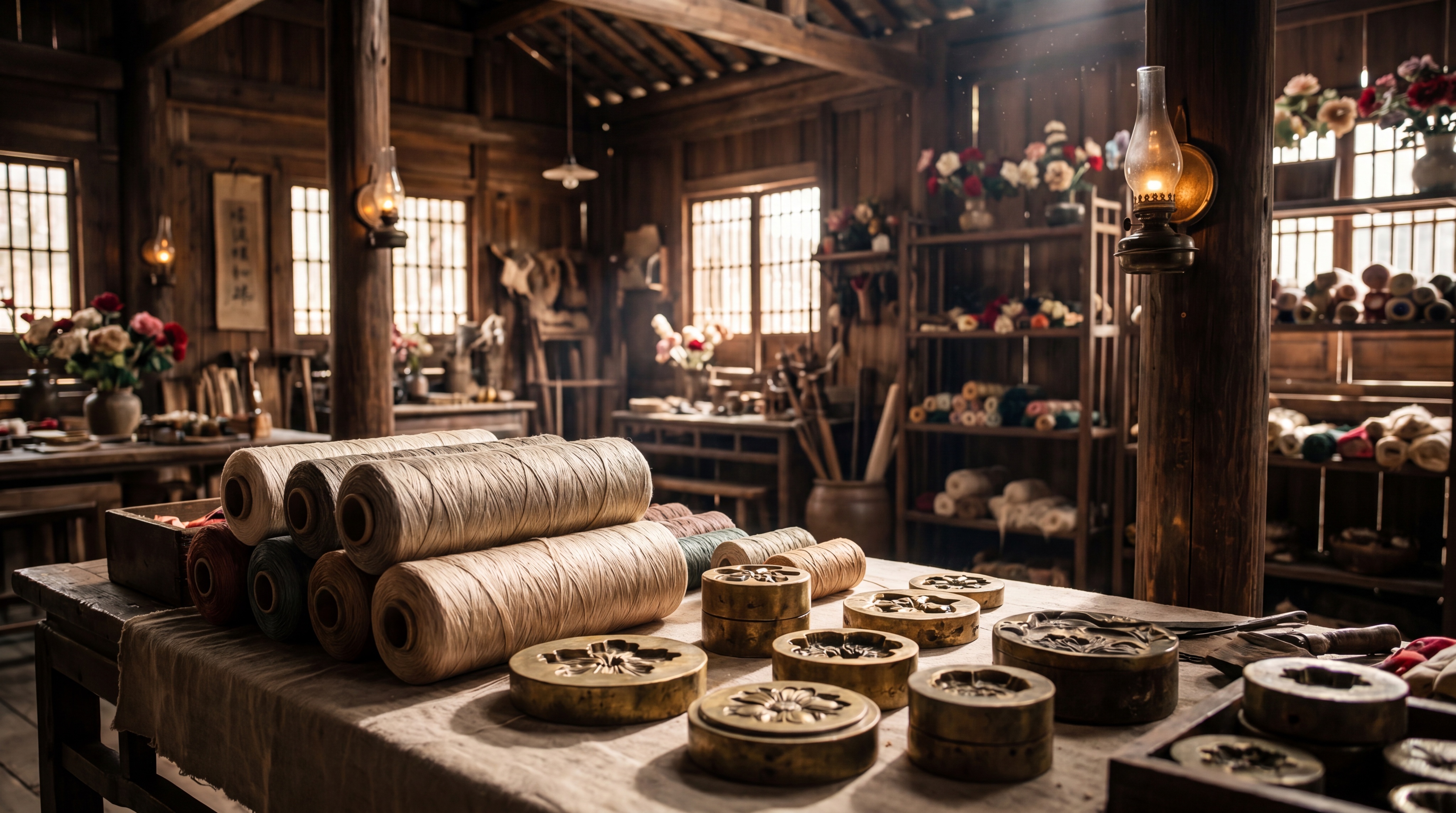 古色绒花工坊第三角度场景，斜侧视角，展示工作台上整卷蚕丝线与黄… - 图片创意预览
