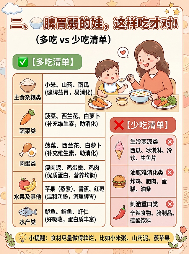 小红书3:4育儿笔记配图，延续第一张风格：温馨明亮亲子风、暖色主调、卡通插画+清晰排版。标题为“二、🍚脾胃弱的娃，这样吃才对！（多吃 vs 少吃清单）”，内容分两部分：✅【多吃清单】表格含5类食材（主食杂粮/蔬菜类/肉蛋类/水果及其他/水产类），每类列2-3个推荐食材及核心作用；❌【少吃清单】分三类：生冷寒凉类、油腻难消化类、刺激重口类，各列3-4个典型食物。底部加小提醒：“食材尽量做得软烂，比如小米粥、山药泥、蒸苹果”。画面中可加入妈妈喂娃、健康食材图标等元素，保持与第一张图统一视觉语言。