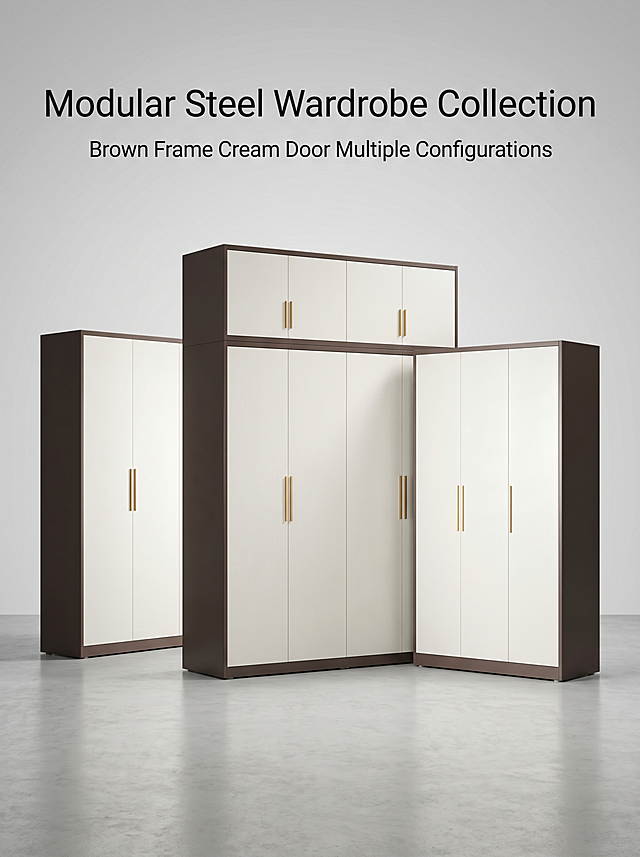 [第1屏] 详情页头图-Three-Door Wardrobe with Brown Frame product family hero display. 本屏使用【图2】三门款、【图8】四门款、【图6】四门加顶柜组合展示全系列产品. 保持产品棕色边框、米白色门板、金色长拉手的物理结构、材质质感、颜色与输入产品图一致. 现代简约跨境电商风格，浅灰低饱和渐变背景，真实客观商业摄影质感，极简设计突出产品本身. 文字: top title "Modular Steel Wardrobe Collection", subtitle "Brown Frame Cream Door Multiple Configurations". All English, no Chinese. 3:4 vertical, 4K.