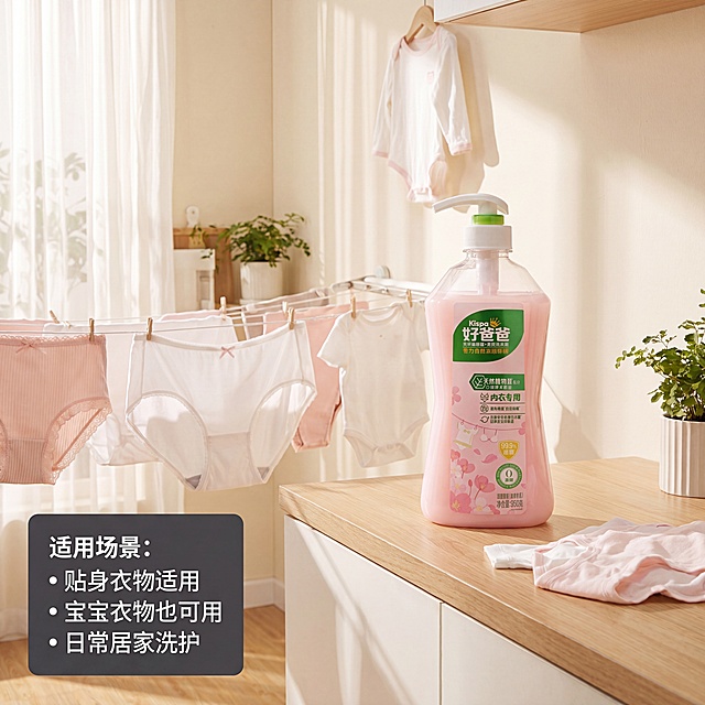 [主图-4] 好爸爸内衣专用洗衣露适用场景展示。[氛围风格] 温馨生活 自然代入；[画质] 真实家居摄影质感，高清通透；[元素] 产品放置在阳台干净晾晒区的原木台面上，旁边搭着几件干净内衣，背景是浅色阳台墙面和柔和窗帘；产品保持外观颜色和原图一致，无变形；场景生活化自然不刻意，道具简单不杂乱；整体温馨干净，符合家庭使用场景；[光影] 上午自然阳光透过纱帘洒入，光线柔和温暖，氛围感十足；[配色] 浅木色+白色+淡粉色，温暖干净温馨家居配色；[视角构图] 45度斜侧场景构图，产品主体突出，场景层次自然；[文字版式] 左下角深色信息框，里面分点说明适用场景：“贴身衣物适用宝宝衣物也可用日常居家洗护”，白色文字清晰可读，不遮挡产品；[比例分辨率] 1:1比例 4k分辨率；[负向提示词] 变形，文字错乱，背景杂乱，其他产品，第二件半价
