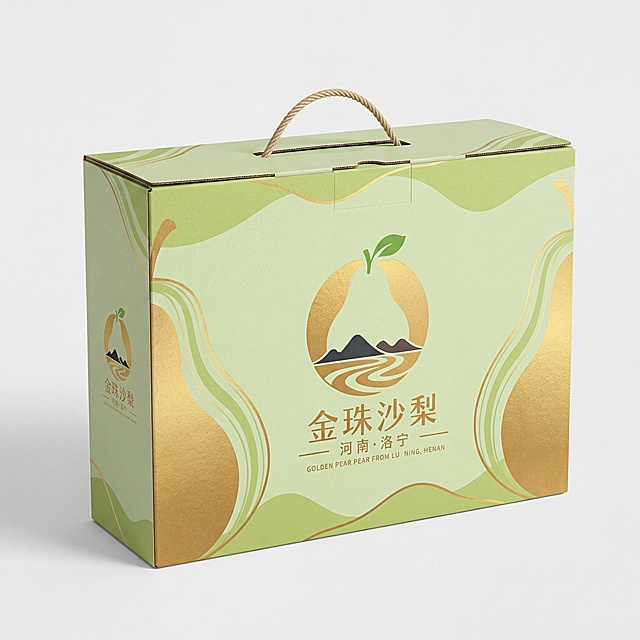 金珠沙梨品牌外包装纸箱设计，参照提供的logo，主色调为嫩绿色和金黄色，现代精致亲切的现代风格，印刷“金珠沙梨”品牌logo
