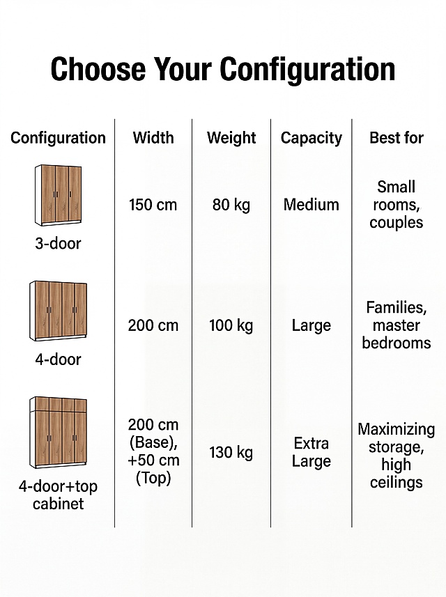 [第7屏] Configuration comparison. Compare 3-door, 4-door, 4-door+top cabinet: width, weight, capacity, best for. Simple table layout, each with product thumbnail. Title "Choose Your Configuration". All English. 3:4 vertical, 4K.