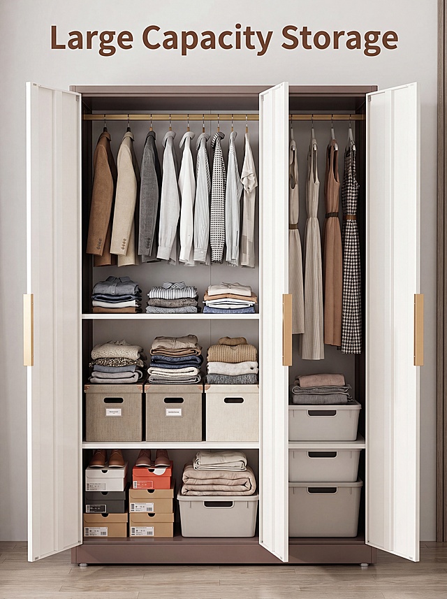 [第4屏] Four-door interior capacity. 本屏使用【图4】四门打开图. Show large storage space, keep original 4-door brown frame structure. Title "Large Capacity Storage"