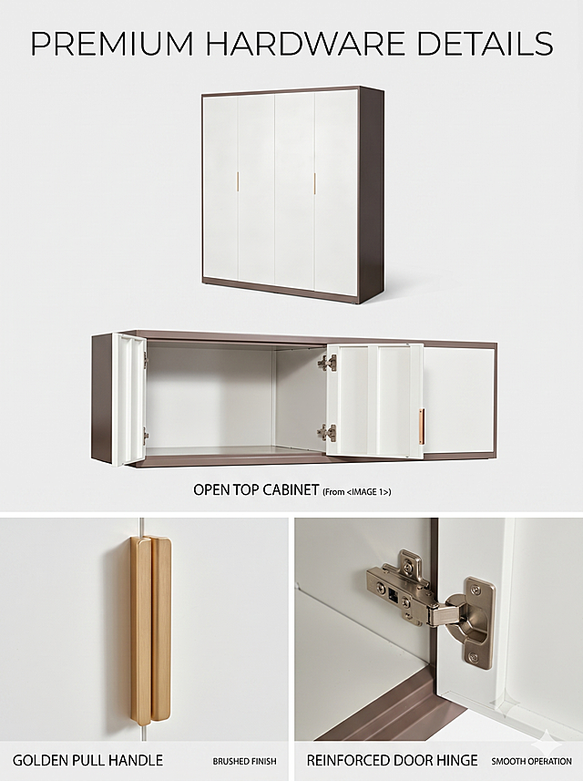 [第6屏] Hardware details showcase. 本屏使用【图8】四门整体和【图9】顶柜打开展示 golden handles and hinges. Close-up of metal handles and door hinges, highlight quality craftsmanship. Title "Premium Hardware Details". All English, clean light gray. 3:4 vertical, 4K.