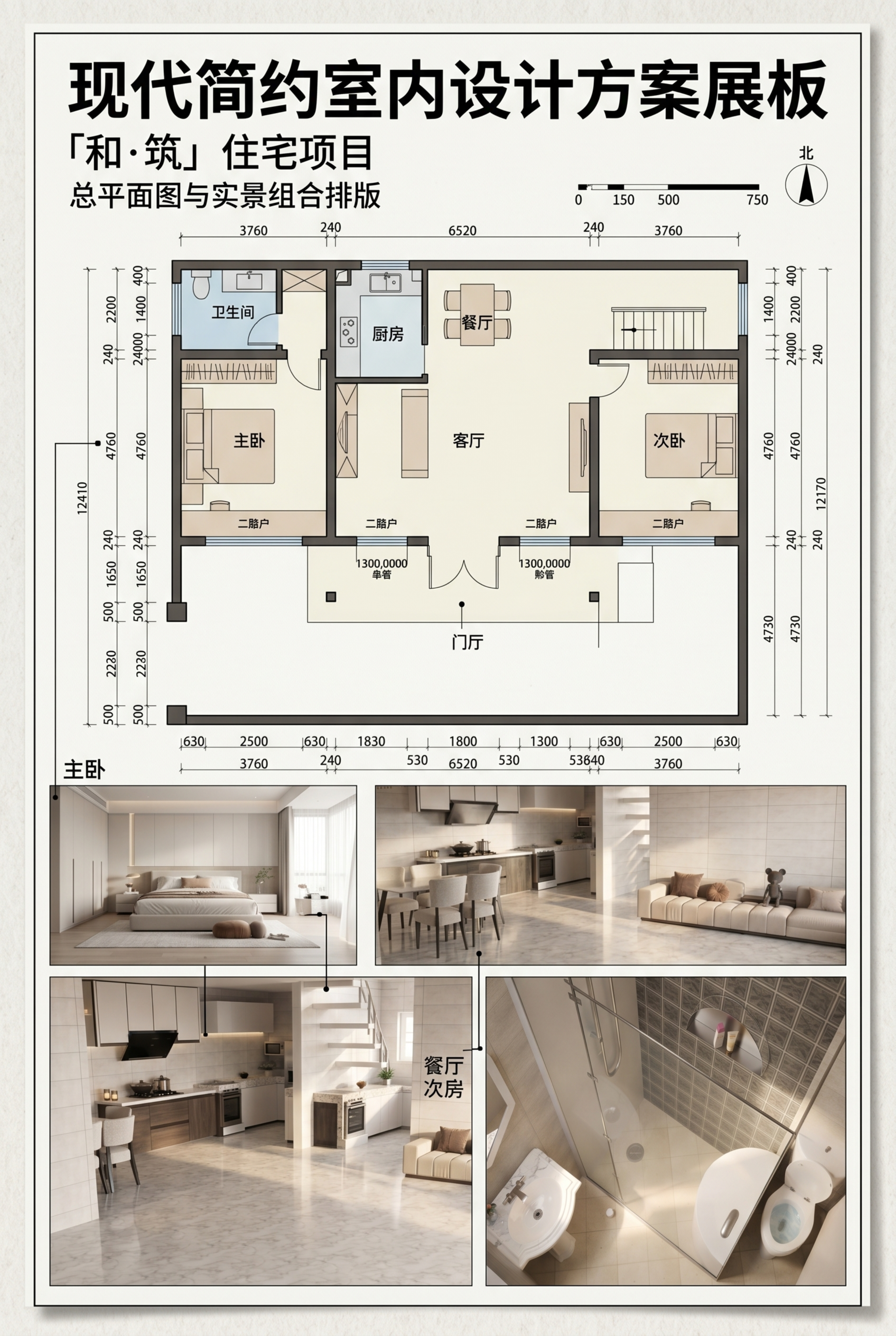 现代简约室内设计展板，平面图纸与实景效果图组合排版，户型标注清… - 图片创意预览