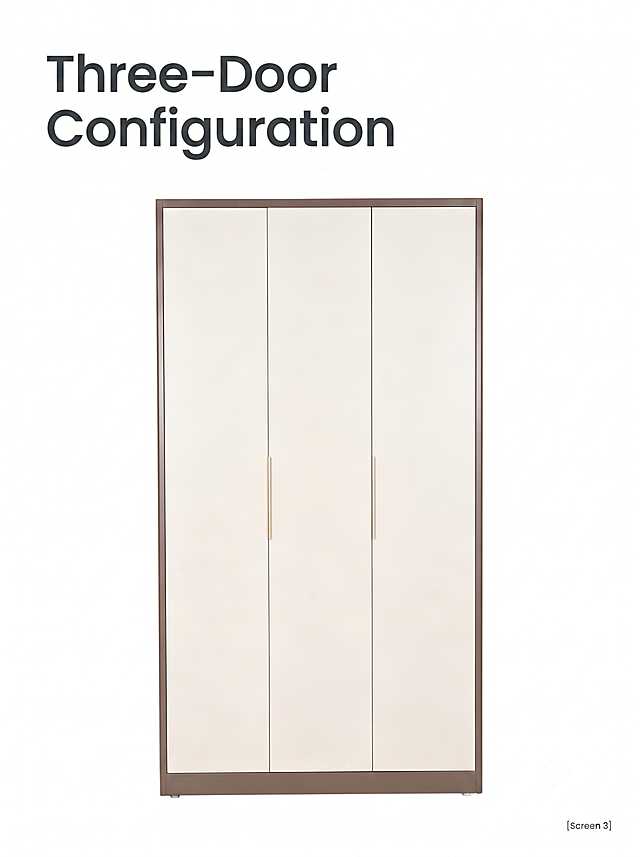 [第3屏] Three-door exterior. 本屏使用【图3】三门衣柜正面图. Keep original structure: brown frame, three cream doors, golden handles. Left title "Three-Door Configuration"