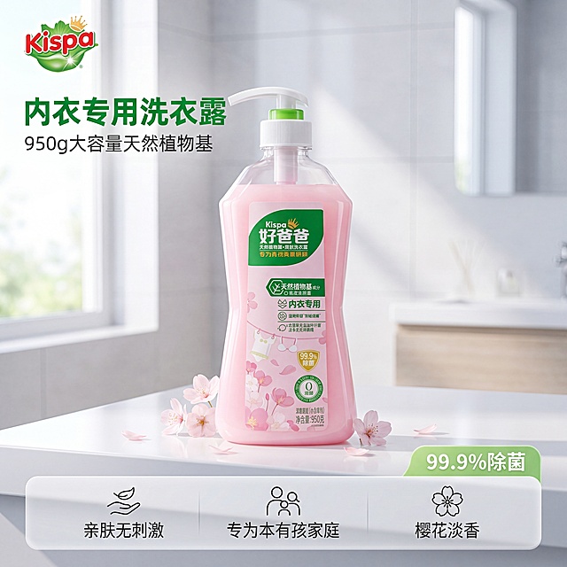 [主图-1] 好爸爸内衣专用洗衣露首图，真实浴室场景展示。[氛围风格] 简约高级 干净清新 洁净感十足；[画质] 商业摄影质感 光线柔和通透 产品清晰真实 画面干净高级；[元素] 好爸爸内衣液居中放置在干净白色洗手台台面上，旁边点缀少量浅粉色樱花花瓣，整体简约不杂乱；保持产品外观（即物理结构、材质质感、颜色）与输入产品图绝对一致，杜绝任何变形和色差，精细化处理。商品主体占比严格控制在65%左右；画面满屏无边框；左上角放置提取自产品的Kispa好爸爸品牌Logo；[光影] 明亮侧窗自然光作为主光，光线柔和均匀，背景墙面有轻微漫反射反光，产品轮廓清晰通透，阴影柔和不生硬；[配色] 主色调为白色和浅粉色，搭配标签本身的绿色，干净清新，高级感十足；[视角构图] 正面平视构图，景深适中，产品主体突出，轮廓完整无裁切；[文字版式] 左上角品牌Logo下方左对齐摆放主文案和卖点，大字主文案“内衣专用洗衣露”，绿色粗体字；下方副文案“950g大容量天然植物基”，小号深灰色字；右下角浅绿底圆角框标注“99.9%除菌”，白色字；底部浅灰色半透明区域均分三列，每列上放图标下写文字，分别为“亲肤无刺激”“专为本有孩家庭”“樱花淡香”，深灰色小字清晰不抢主体；[比例分辨率] 1:1 比例，4k 分辨率；文字清晰可辨，超高清；[负向提示词] 变形，水印，文字错乱，产品图模糊，背景杂乱，第二件半价，其他产品