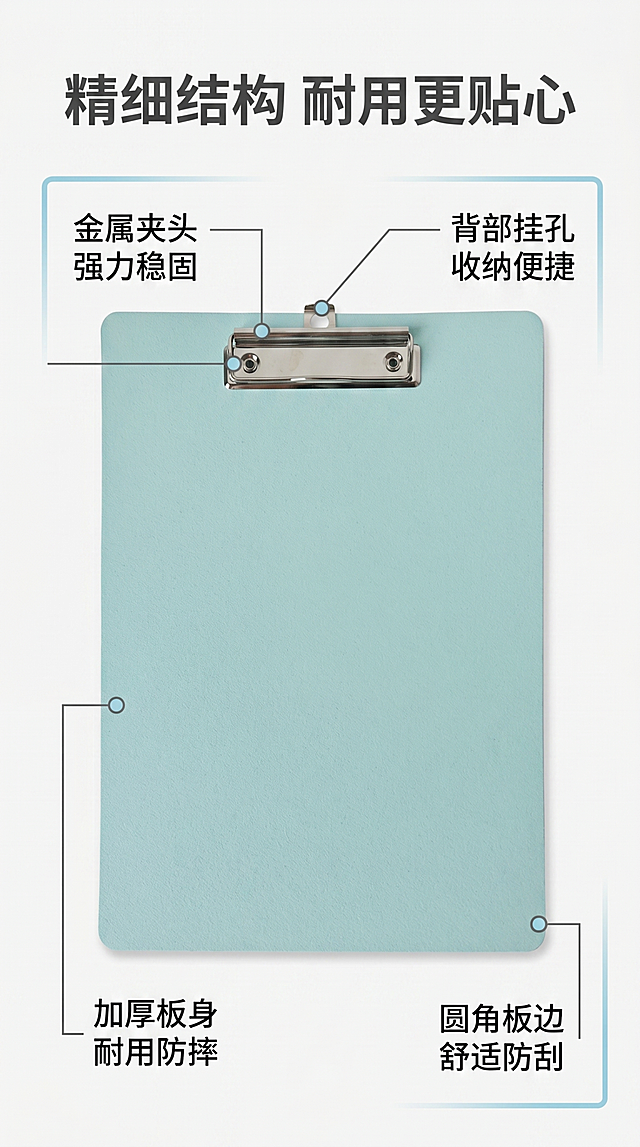 [第3屏] 结构解析屏，用引线标注展示单板夹的核心结构优势。
[氛围/风格] 专业解析风，干净背景，突出产品结构细节，清晰专业。
[元素布局] 薄荷绿色单板夹居中放置，占画面70%，保持板夹颜色、质感、结构和原图一致。用细引线从四个关键部位引出标注说明：金属夹头、圆角板边、加厚板身、背部挂孔。每个标注文字简洁说明优势，不遮挡产品主体。
[光影质感] 正面均匀打光，结构细节清晰，金属夹子反光自然，板身磨砂纹理可见，整体通透真实。
[配色色系] 全局底色：#F5F5F5，产品主体薄荷绿，引线标注深灰文字，点缀浅蓝。
[视角构图] 正面平视视角，产品居中，标注分布在产品四周，构图均衡。
[文字版式] 顶部标题「精细结构 耐用更贴心」，每个引线标注采用「部位+优势」短文案，文字清晰，字号适中，手机端可读。
[比例分辨率] 9:16 竖版比例，4K分辨率，文字清晰可辨。
[负向提示词] 结构变形，标注文字遮挡主体，颜色偏差，模糊，水印，背景杂乱。