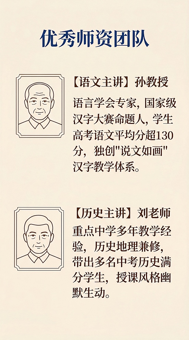 参考已有宣传长图的整体浅米黄文化风格，重新生成第4屏超强师资团队介绍页。标题为"优秀师资团队"。分上下两个板块介绍：【语文主讲】孙教授，文字内容为：语言学会专家，国家级汉字大赛命题人，学生高考语文平均分超130分，独创"说文如画"汉字教学体系。【历史主讲】刘老师，文字内容为：重点中学多年教学经验，历史地理兼修，带出多名中考历史满分学生，授课风格幽默生动。整体排版采用上下双板块，每个板块左侧保留简约头像框，右侧放介绍文字，保持全局底色#f8f3e6，深蓝色标题、深棕色正文，和其他宣传页风格统一。比例9:16竖版，宽度1080像素，高度1920像素，4K分辨率，文字清晰可读。负向提示词：文字变形，文字错乱，颜色偏差，水印，背景杂乱，偏离原有风格。