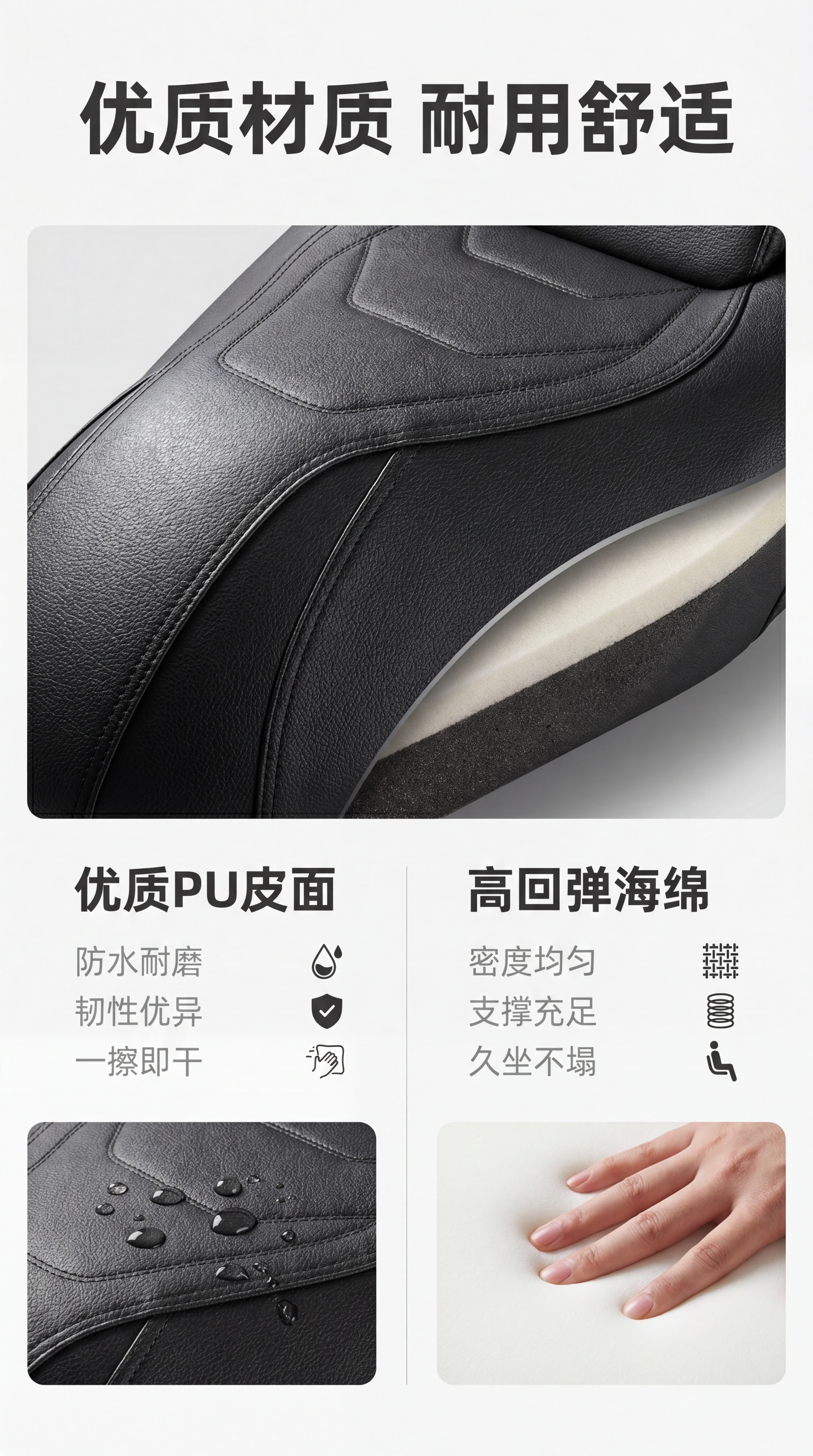 [第4屏] 材质解析，展示表层PU皮和内部高回弹海绵。本屏使用… - 图片创意预览
