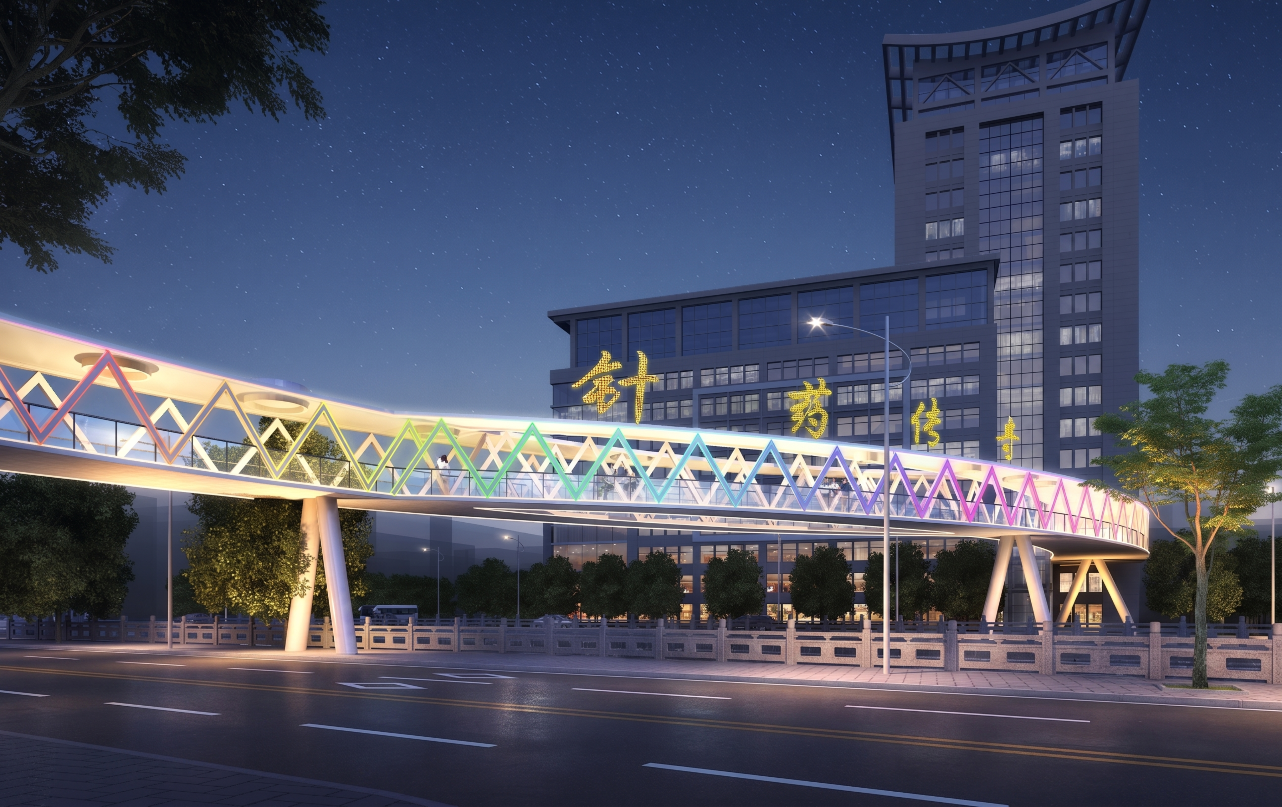 移除图片中所有的人和车辆，保留过街天桥、建筑、道路和背景环境，… - 图片创意预览