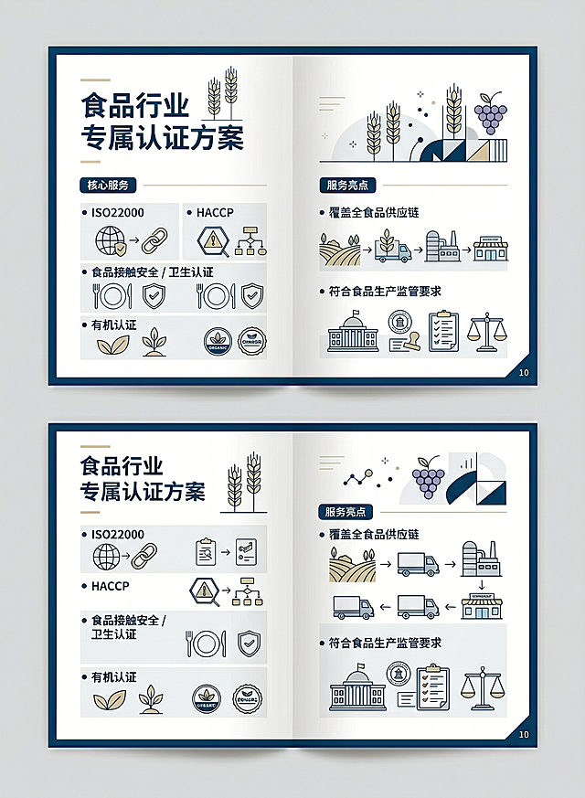 企业画册P10，尺寸为大度16开竖版 210×285mm，风格商务简约专业权威，搭配食品行业简约插画，标题文字是"食品行业 专属认证方案"，正文内容：核心服务：ISO22000、HACCP、食品接触安全 / 卫生认证、有机认证，服务亮点：覆盖全食品供应链，符合食品生产监管要求，主色调为深海蓝、白色、浅灰，点缀浅金