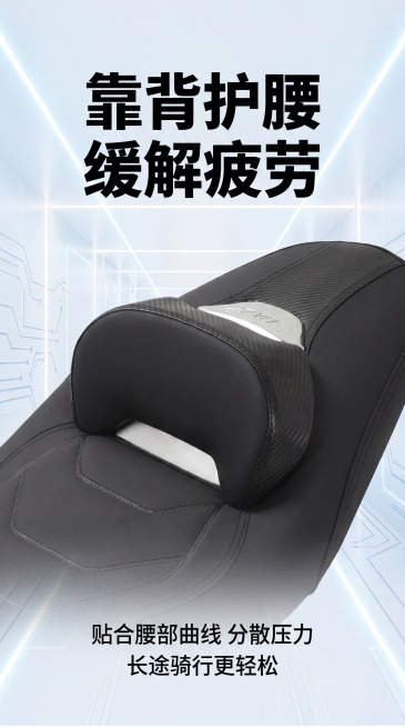 [第6屏] 靠背功能展示。本屏使用图8，浅科技风背景，突出靠背护腰设计，顶部大标题"靠背护腰 缓解疲劳"，展示靠背结构，说明文字"贴合腰部曲线 分散压力 长途骑行更轻松"，保持产品结构与原图一致，去掉预览效果