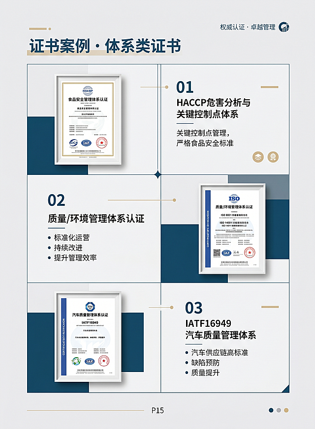 企业画册P15证书案例体系类，尺寸为大度16开竖版 210×285mm，风格商务简约专业权威，采用网格排版，放置HACCP、ISO 体系、IATF16949证书实拍图，标题文字是"证书案例・体系类证书"，主色调为深海蓝、白色、浅灰，点缀浅金