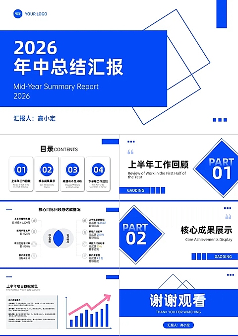蓝色简洁时尚风年中总结汇报PPT套装