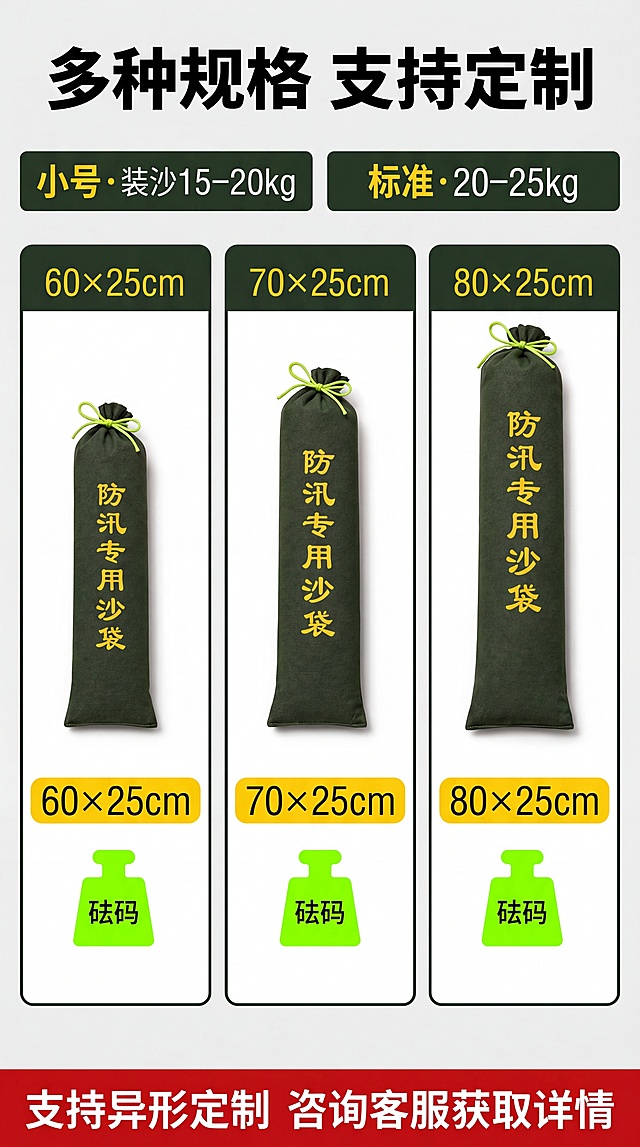 【第5屏】规格矩阵-三尺寸对比信息卡：基于【图2】重构为三垂直信息卡，左卡60×25cm（标‘小号·装沙15–20kg’），中卡70×25cm（‘标准·20–25kg’），右卡80×25cm（‘大号·25–30kg’），每卡含产品缩略图+参数标签+砝码图标；底部通栏红底白字：‘支持异形定制 咨询客服获取详情’。风格商务简约，浅灰底#F5F5F5, 均匀柔光确保文字可读. 产品外观必须与【图2】完全一致：军绿布体、荧光绿抽绳、黄字朝向统一。配色：卡片底#FFFFFF，边框#2E4A2D，标题黄#FFD700，图标#7FFF00。构图正面平视，三卡等宽分布. 负向：禁止尺寸标错、重量不符、卡片重叠、文字模糊。
