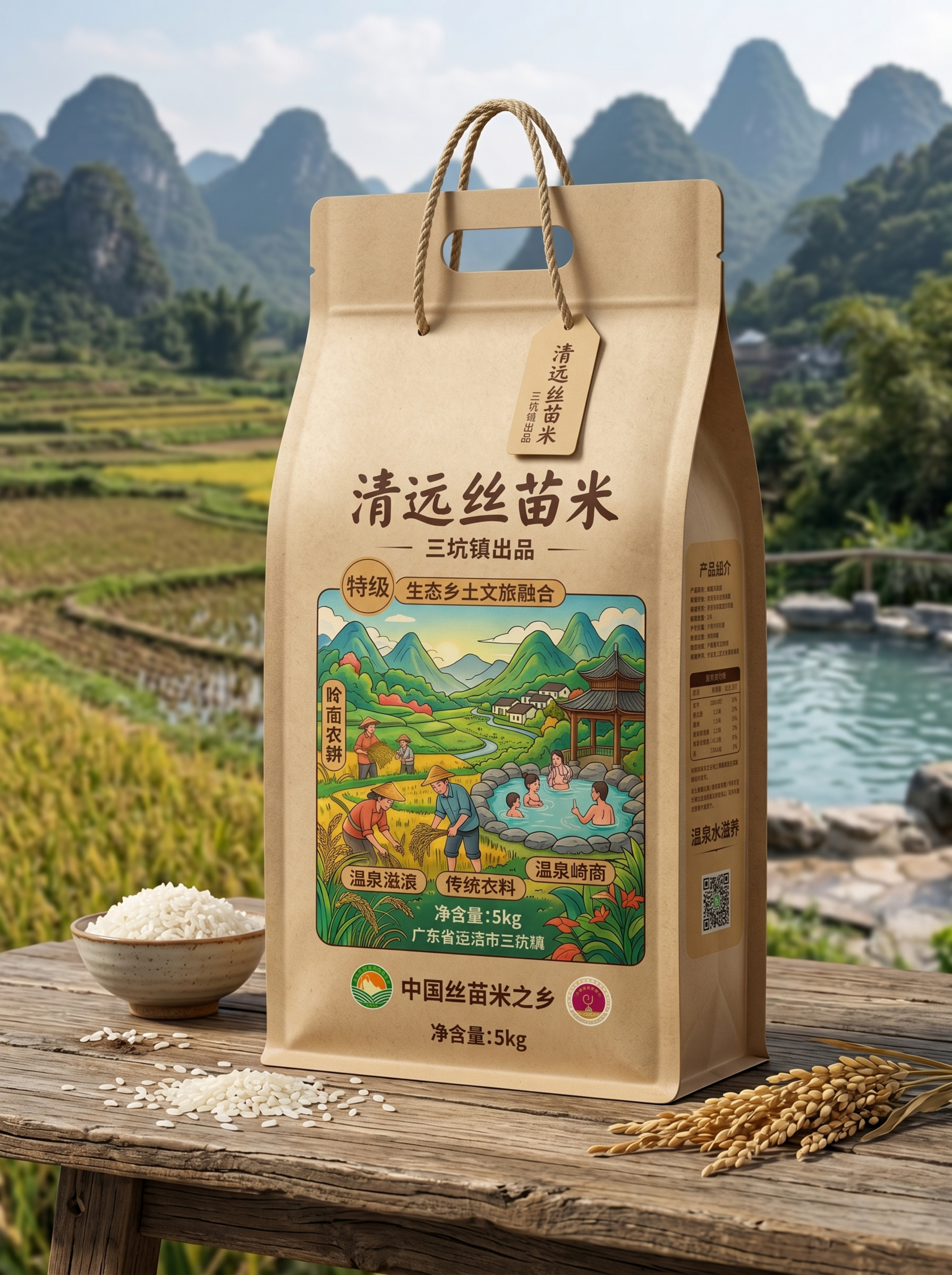基于清远丝苗米包装平面展开图（含正/侧/背/底结构），生成逼真… - 图片创意预览