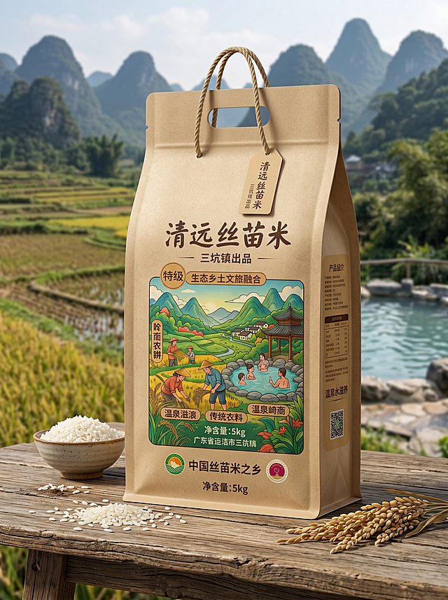基于清远丝苗米包装平面展开图（含正/侧/背/底结构），生成逼真3D立体袋装效果图：立式自立袋形态，米袋材质为哑光牛皮纸质感，提手为麻绳编织，整体置于乡村木桌场景中，背景为清远喀斯特山田与温泉小景，光影自然，展示正面主视觉插画、侧面文字、背面营养表及底部标识，风格生态乡土文旅融合。