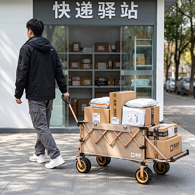 8K 超清电商商品摄影，佳能 5D4 拍摄，f/3.2 光圈，户外白天柔和漫射自然光，小区快递驿站门前实景带货主图，平视中景构图；推车外观完全采用提供的图片素材，不进行任何更改，包括推车角度，推车拖斗敞开，车斗内装满错落快递包裹：牛皮纸快递纸箱、白色气泡软包裹，箱体贴快递面单、封箱胶带清晰；一位年轻男生背影，黑色连帽冲锋外套、灰色工装休闲长裤、白色运动鞋，右手握住推车拉杆把手向前行走，他刚从驿站玻璃门走出，迈步向前；背景环境：左侧门头「快递驿站」白色大字招牌，透明玻璃推拉门，驿站内部可见多层快递货架、堆放大量纸箱，门前浅灰色防滑地砖，地面斑驳树叶光影，远处行道树、模糊小区道路与车辆；不更改推车角度，保留推车拖斗