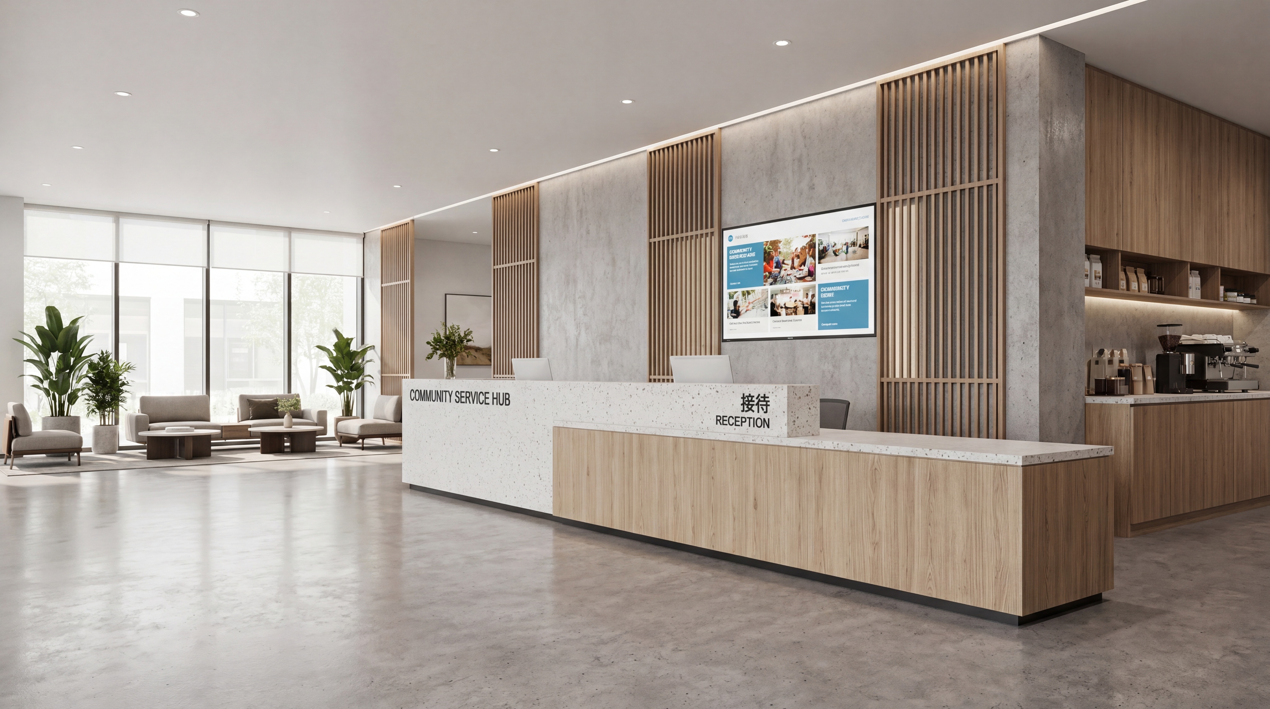 专业工装设计的社区服务中心前台接待区效果图，现代简约风格，材质… - 图片创意预览