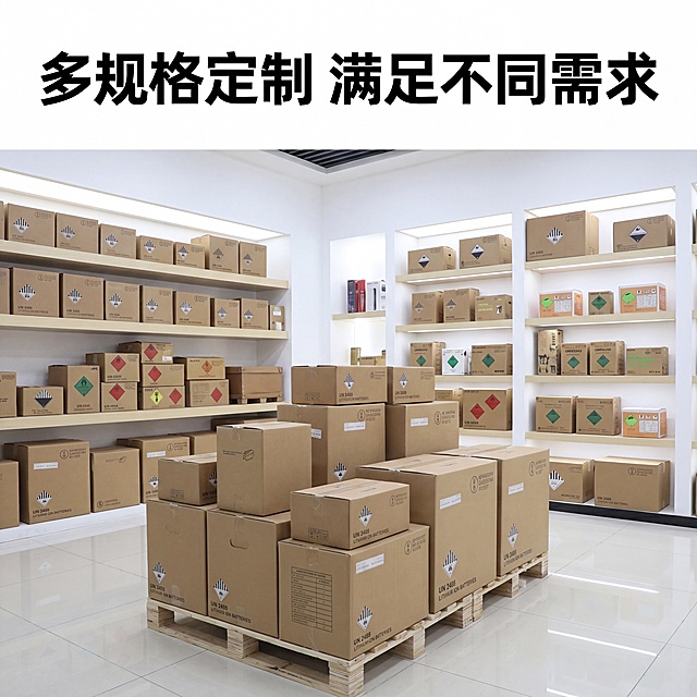 [主图-6] 多样规格展示图。展厅中整齐陈列不同尺寸、不同规格的UN危险品纸箱，展示丰富选型。保持纸箱外观和标识与原图一致，排版整齐清晰。顶部主标题“多规格定制 满足不同需求”，黑色加粗大字。画面干净，产品展示清晰，便于买家选择。比例1:1，4K分辨率。负向提示词：排版杂乱，产品变形，文字模糊。