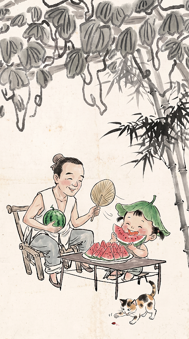 参考原图，将父亲的动作修改为一手拿西瓜，一手拿蒲扇为孩子扇风；把小男孩更换为头戴荷叶的小女孩，保留整体水墨风，要求高清