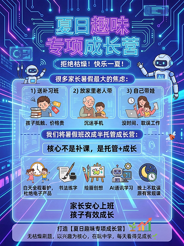 基于现有排版结构重新生成，强烈科技艺术感，赛博风格，蓝紫霓虹渐变发光背景，AI元素和科技感线条装饰，保留全部正确文案：夏日趣味专项成长营，整体文字排版清晰，标题醒目，现代潮流科技感设计，适合公众号头图