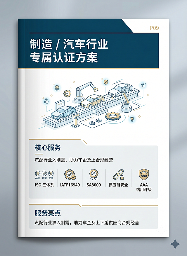 企业画册P09，尺寸为大度16开竖版 210×285mm，风格商务简约专业权威，搭配制造汽车行业简约插画，标题文字是"制造 / 汽车行业 专属认证方案"，正文内容：核心服务：ISO 三体系、IATF16949、SA8000、供应链安全、AAA 信用评级，服务亮点：汽配行业准入刚需，助力车企及上下游供应商合规经营，主色调为深海蓝、白色、浅灰，点缀浅金