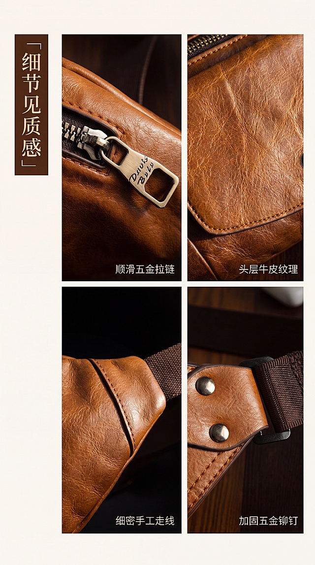 [第4屏] 材质与细节展示页，放大展示头层牛皮纹理与五金配件细节。
[标题版式] 左侧竖排标题，文字旋转90度，深棕底色配米色文字，简约装饰，不占主要视觉空间。
[氛围/风格] 微距质感风，突出材质肌理，真实细腻，高级质感。
[元素布局] 本屏使用【图3】拉链细节、【图4】肩带铆钉两个细节图，2×2宫格排版，左上展示拉链五金特写，右下展示肩带铆钉加固，右上和左下补充牛皮纹理和走线细节，保持细节结构颜色和原图一致，每个细节图占比均衡，页面干净。
[光影质感] 侧光突出皮纹肌理和五金金属光泽，明暗对比清晰，质感真实。
[配色色系] 全局底色 #F8F5F0，主体黄棕色皮料，古铜五金，深棕色文字，整体暖调复古。
[视角构图] 宫格特写构图，每个细节特写清晰，9:16竖版比例。
[文字版式] 左侧竖排标题「细节见质感」，每个细节宫格右下角标注小字「顺滑五金拉链」「加固五金铆钉」「头层牛皮纹理」「细密手工走线」，文字小而清晰，不遮挡细节。
[比例分辨率] 9:16 竖版，4K分辨率，文字清晰可辨。
[负向提示词] 细节模糊，结构变形，颜色偏差，文字遮挡主体，水印，文字错乱。