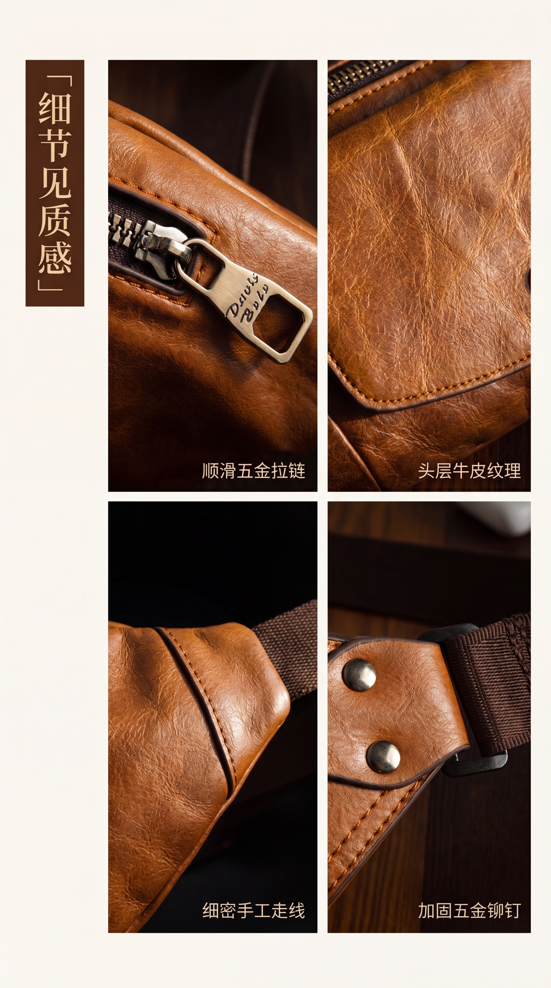 [第4屏] 材质与细节展示页，放大展示头层牛皮纹理与五金配件细… - 图片创意预览