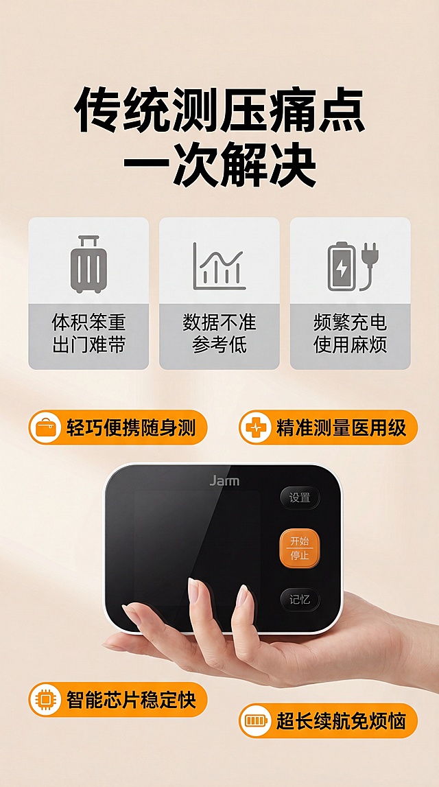 [第2屏] 痛点与解决方案，ARM血压测量仪对比展示。浅色背景，温和真实不夸张。上半部分放三个痛点卡片：体积笨重出门难带、数据不准参考低、频繁充电使用麻烦，灰色文字。下半部分放【图1】产品主机居中，四个橙色卖点标签对应解决，黑色加粗文字。顶部主标题：传统测压痛点 一次解决。9:16竖版，4K，文字清晰。负向提示：夸张画面，产品变形，文字重叠，背景杂乱。