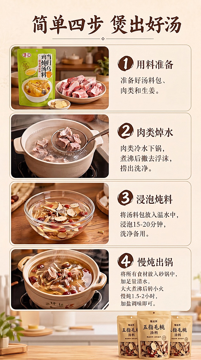 [第3屏] 第一步用料准备，将原图蓝圈位置的五指毛桃汤料替换为第一张图中的当归乌鸡汤料绿色包装产品，整体延续原图教程排版和风格。本屏使用【图2】作为参考底图，【图1】替换产品。
[氛围/风格] 延续原图温馨家常烹饪场景风格，浅米色背景，真实厨房场景氛围，自然暖光。
[元素布局] 保持原图"简单四步 煲出好汤"标题位置，第一步区域左上替换为绿色包装当归乌鸡汤料产品，保持产品大小和位置与原图蓝圈产品一致，右侧保留"1 用料准备 准备好汤料包、肉类和生姜"文字内容和排版，背景结构保持原图不变，只替换产品。
[光影质感] 保持原图自然暖光质感，替换的产品光影与原图整体场景融合自然，无明显拼接痕迹。
[配色色系] 全局底色：#F9F1E3（浅米黄），绿色产品包装与原图环境色和谐统一，文字保持深棕色不变。
[视角构图] 保持原图竖版9:16构图和视角，排版结构和文字位置完全延续原图，只替换产品图。
[文字版式] 沿用温润书法感标题字体，字色仅深棕色一种，纯色填充字效。保留原图所有文字内容、位置和大小不变，只替换产品图片。
[比例分辨率] 9:16 竖版比例，4K分辨率，文字清晰可辨。
[负向提示词] 产品变形，文字错乱，颜色偏差，拼接痕迹明显，替换位置错误。