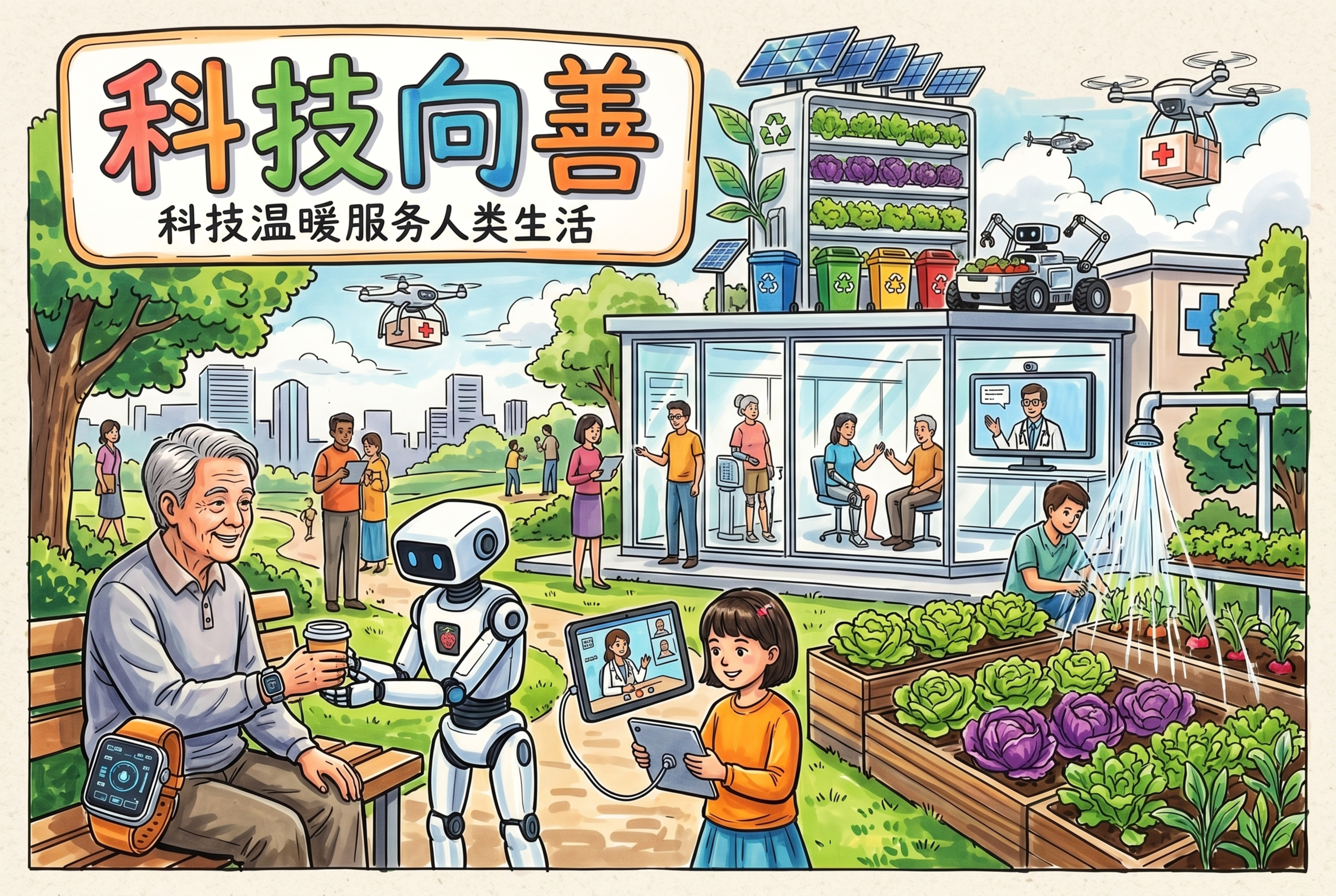 参考参考图的马克笔手绘风格创作科技向善主题海报，手绘风格，不要… - 图片创意预览