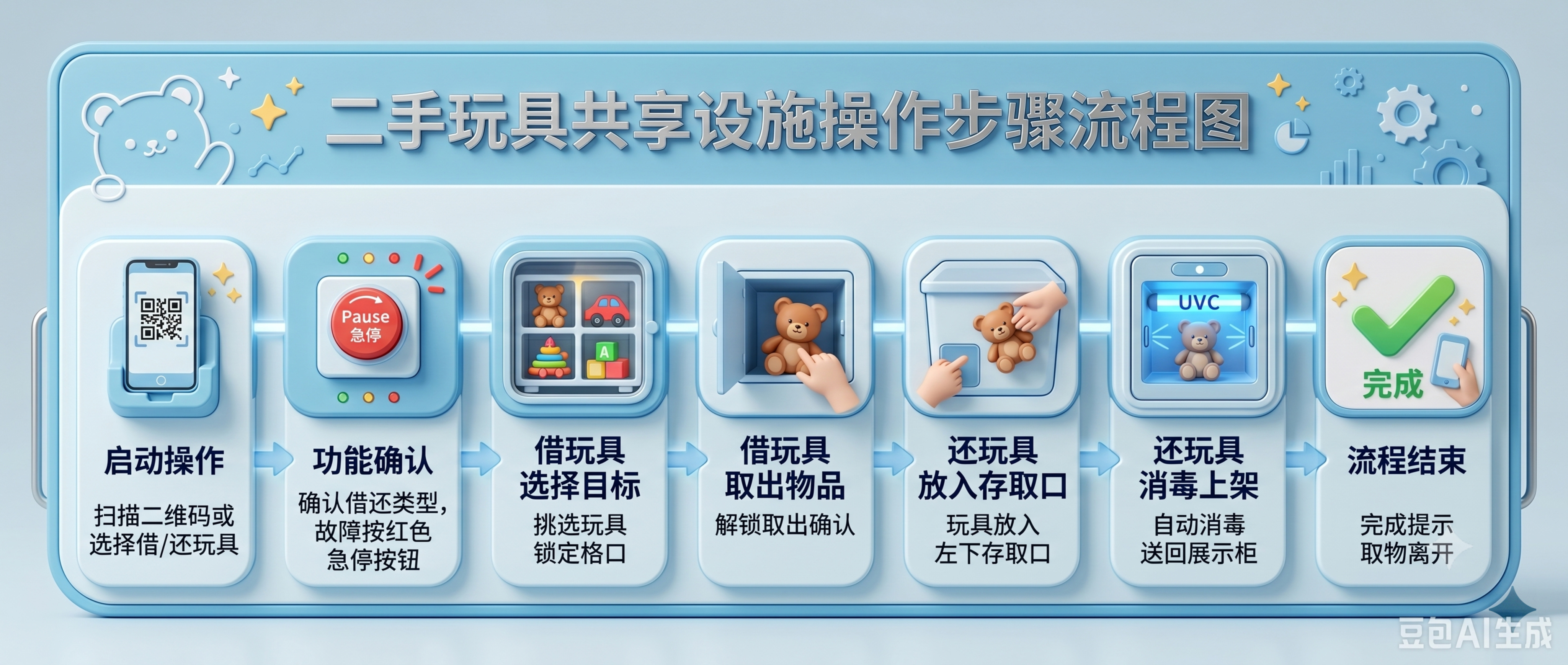 将这张二手玩具共享设施操作步骤流程图改成写实3D产品风格，和参… - 图片创意预览
