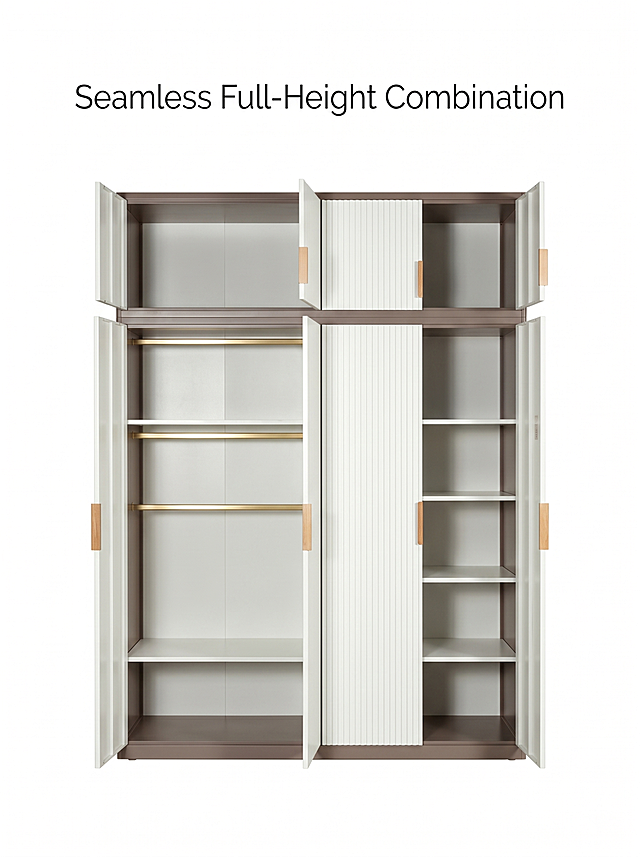 [第5屏] Four-door + Top Cabinet combination. 本屏使用【图5】组合打开图展示 seamless full-height design. Keep 4-door + top cabinet structure same as original. Title "Seamless Full-Height Combination"