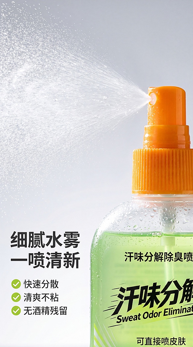[第2屏] 详情页质地屏-汗味喷雾动效微距特写。微距真实质感，通透干净。保持产品结构颜色和原图一致，上半部分拍喷雾动态水雾，下半部分展示瓶身，背景浅灰白渐变。侧光照亮水雾，高光清晰。左下角标题"细腻水雾 一喷清新"深灰左对齐，下方三卖点"快速分散/清爽不粘/无酒精残留"配绿色对勾。9:16，4K，文字清晰。禁止:产品变形,水雾模糊,背景杂乱