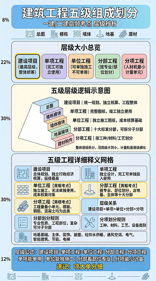9:16竖屏日系动漫风工程五级划分信息图，主色调晴空浅蓝渐变，全程无人物，线条柔和动漫简笔，圆角卡片，考点淡黄细框高亮。
一、画面顶部标题区占8%：浅蓝从上至下柔化变浅渐变背景条，白色圆润粗体主标题"建筑工程五级组成划分"，副标题小字"一建/二建高频考点 层级辨析"，底部装饰一行浅蓝细线矢量图标：总图、楼栋、墙体、地基、建材依次排列
二、画面上部分类总览对比区占22%：浅灰圆角大背景框，框内标题深蓝加粗"层级大小总览"，横向5张等宽圆角卡片依次排布，第一张【建设项目】加粗黄边框重点标注，1.卡片1浅蓝底深蓝字：建设项目（最高层级，整体统筹），2.卡片2浅紫底深紫字：单项工程（完工可独立使用），3.卡片3浅橙底深橙字：单位工程（可单独施工不可单用），4.卡片4浅绿底深绿字：分部工程（按专业/部位划分），5.卡片5浅粉底深红字：分项工程（人材机最小计量单元）
三、画面中部核心特征定义区占30%：米白柔和背景框，标题深蓝加粗"五级层级逻辑示意图"，上下递进阶梯动漫简笔结构图，从上到下逐层缩进，1.顶层总图：建设项目｜统一规划、独立核算、工程整体，2.楼栋模块：单项工程｜完整图纸，竣工独立使用，3.墙体模块：单位工程｜独立施工图纸，成本核算基础，4.地基模块：分部工程｜十大标准分部，可拆分子分部，5.建材构件：分项工程｜按工种/材料/工艺划分，底部小字核心含义：整体逐级拆分，范围由大到小，计量粒度逐级细化
四、画面下部知识点网格列表区占30%：浅灰背景，顶部标题深蓝加粗"五级工程详细释义网格"，2列5行网格，每个格子圆角，高频考点加浅黄细边框，搭配对应浅蓝动漫简线图标，1行左｜总图图标：建设项目，释义：总体规划、独立行政经济核算，层级最高；1行右｜楼栋图标：单项工程，释义：独立设计，完工可单独投入使用；2行左｜墙体图标：单位工程【黄框考点】，释义：独立施工，无法单独使用，成本核算对象；2行右｜地基图标：分部工程【黄框考点】，释义：按专业、部位划分，含地基、主体等十大分部；3行左｜钢筋建材图标：分项工程【黄框考点】，释义：工程量最小单元，模板、钢筋、混凝土均为此类；3行右｜空白提示框：层级关系，文字：建设项目＞单项＞单位＞分部＞分项；4行左｜清单图标：分部划分规则，文字：专业性质、工程部位，复杂可分子分部；4行右｜工具图标：分项划分规则，文字：工种、材料、工艺、设备类别；5行整行通栏（2列合并）｜建筑十大分部清单图标，文字：地基基础、主体、装饰、屋面、给排水供暖、通风空调、电气、智能建筑、节能、电梯
五、画面底部核心记忆区占12%：浅蓝渐变背景（上深下浅），全部白色字体，第一行加粗大字"层级公式：建设项目＞单项工程＞单位工程＞分部工程＞分项工程"，第二行中等字关键词区分：单项能单用｜单位能独施工｜分部看部位专业｜分项最小计量，第三行圆润醒目记忆口诀：速记：项大单分细，最底部细装饰线，线上排布小型总图、建材简约图标点缀
整体规范：比例严格竖屏9:16，适配手机背诵刷题海报，日系干净线条动漫简笔，无阴影无写实照片无人物，卡片轻微立体圆角，晴空浅蓝为主色，五级卡片低饱和区分色，核心关键词深蓝色加粗，单位/分部/分项三处网格加微弱淡黄边框突出考试重点，文字短句精简，剔除冗余长句，适配竖屏快速阅读记忆
