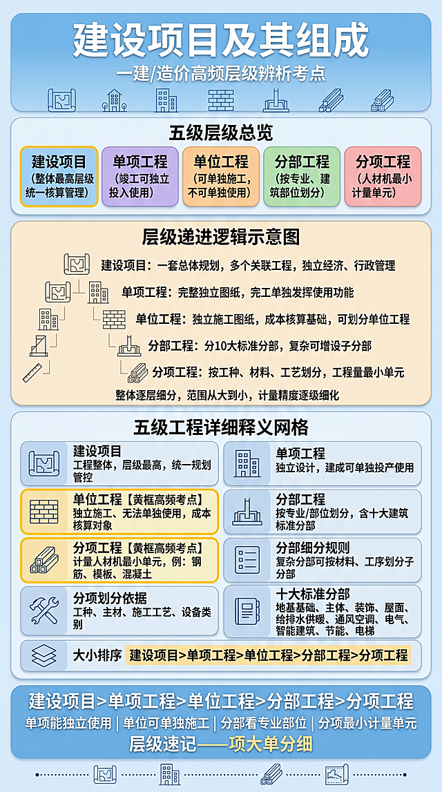 9:16竖屏日系动漫信息图，主题：建设项目及其组成，主色浅天蓝色（全图统一贯穿，低饱和柔和渐变），纯线条无人物、无写实照片。全部卡片圆角微立体；关键词深蓝色加粗；高频考点配细黄边框；日系干净单线简笔图标，文字精简适配手机竖读。
一、画面顶部标题区占8%：浅天蓝上深下浅渐变背景条，白色圆润粗体主标题"建设项目及其组成"，副标题浅白小字"一建/造价高频层级辨析考点"，底部装饰一行浅蓝细线矢量图标：总规划图纸、楼栋、墙体、地基、钢筋建材横向排列
二、画面上部分类总览对比区占20%：浅灰色圆角背景框，深蓝加粗标题"五级层级总览"，横向5张等宽彩色圆角卡片并排，第一张【建设项目】加粗黄边框重点标注：1.卡片1浅天蓝底深蓝字：建设项目（整体最高层级，统一核算管理）；2.卡片2浅紫底深紫字：单项工程（竣工可独立投入使用）；3.卡片3浅橙底深橙字：单位工程（可单独施工，不可单独使用）；4.卡片4浅绿底深绿字：分部工程（按专业、建筑部位划分）；5.卡片5浅粉底深红字：分项工程（人材机最小计量单元）
三、画面中部核心特征定义区占30%：米白色柔和背景框，深蓝加粗标题"层级递进逻辑示意图"，自上而下逐级缩进树形动漫简笔结构图5层：1.总图图纸图标｜建设项目：一套总体规划，多个关联工程，独立经济、行政管理；2.独立楼栋图标｜单项工程：完整独立图纸，完工单独发挥使用功能；3.墙体立面图标｜单位工程：独立施工图纸，成本核算基础，可划分子单位工程；4.地基框架图标｜分部工程：分10大标准分部，复杂可增设子分部；5.钢筋模板图标｜分项工程：按工种、材料、工艺划分，工程量最小单元；底部小字：整体逐层细分，范围从大到小，计量精度逐级细化
四、画面下部知识点网格列表区占30%：浅灰色背景，深蓝加粗标题"五级工程详细释义网格"，2列5行圆角网格: 第1行左｜总图图标｜建设项目｜工程整体，层级最高，统一规划管控；第1行右｜楼栋图标｜单项工程｜独立设计，建成可单独投产使用；第2行左｜墙体图标｜单位工程【黄框高频考点】｜独立施工、无法单独使用，成本核算对象；第2行右｜地基图标｜分部工程｜按专业/部位划分，含十大建筑标准分部；第3行左｜建材图标｜分项工程【黄框高频考点】｜计量人材机最小单元，例：钢筋、模板、混凝土；第3行右｜清单图标｜分部细分规则｜复杂分部可按材料、工序划分子分部；第4行左｜工具图标｜分项划分依据｜工种、主材、施工工艺、设备类别；第4行右｜目录图标｜十大标准分部｜地基基础、主体、装饰、屋面、给排水供暖、通风空调、电气、智能建筑、节能、电梯；第5行通栏合并双格｜层级箭头图标｜大小排序｜加粗高亮：建设项目＞单项工程＞单位工程＞分部工程＞分项工程
五、画面底部核心记忆区占12%：浅天蓝渐变背景（上深下浅），全部白色分层文字：第一行加粗大字核心公式：建设项目＞单项工程＞单位工程＞分部工程＞分项工程；第二行中等关键词区分：单项能独立使用｜单位可单独施工｜分部看专业部位｜分项最小计量单元；第三行醒目记忆口诀：层级速记——项大单分细；底部细装饰横线，线上点缀小型图纸、建材简约图标装饰
整体规范：严格竖屏9:16，日系清爽单线动漫信息图表，无阴影、杂色渐变、人物、实拍图片；主色浅天蓝贯穿，五级卡片低饱和马卡龙色，核心关键词深蓝加粗；单位工程、分项工程网格加淡黄细边框突出高频考点；文字精简教材长段落，短句分行，竖屏阅读清晰不拥挤