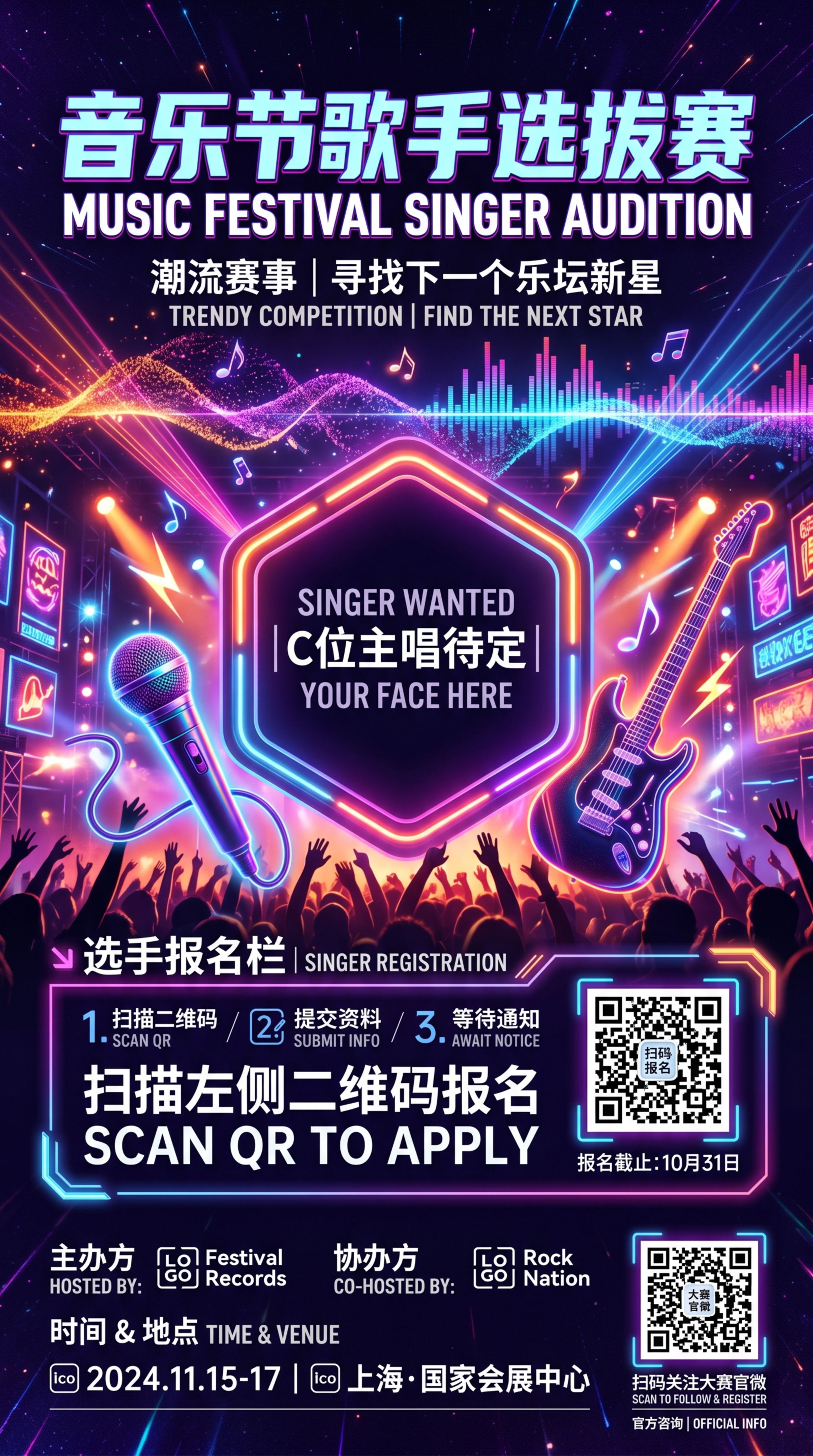 音乐节歌手选拔赛潮流赛事竖版海报，黄金分割构图，中心C位预留人… - 图片创意预览