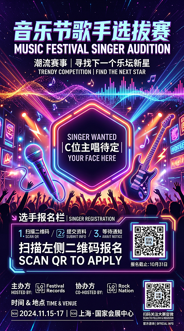 音乐节歌手选拔赛潮流赛事竖版海报，黄金分割构图，中心C位预留人像占位框，上下分文字区，氛围感强。采用霓虹赛博加青春摇滚融合风格，渐变荧光紫、电光蓝、炽热橙撞色，带有粒子光效、声波波纹、悬浮音符、跳动音频频谱、镭射光带。包含麦克风、电吉他、耳机、鼓组、音浪线条、星光光斑、演唱会舞台追光灯、闪烁灯牌、人群剪影元素。高清8K，超细腻渲染，电影级光影，边缘柔光，高饱和度，潮流街头风，印刷级画质。顶部预留大赛标题位、中部预留选手报名栏、底部预留主办方、时间地点二维码位置，无多余水印