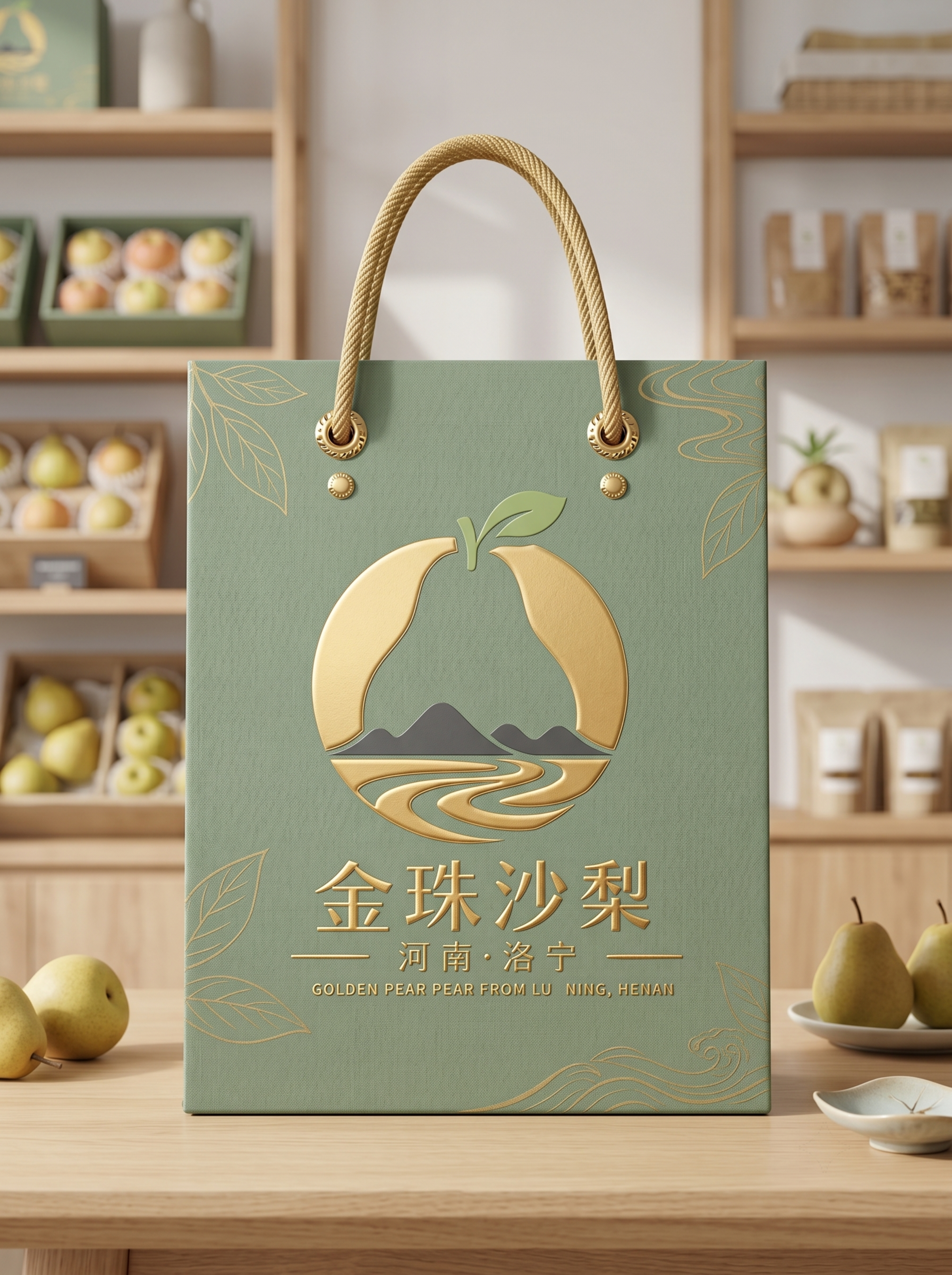 金珠沙梨品牌手提袋设计，参照提供的logo，主色调为嫩绿色和鎏… - 图片创意预览