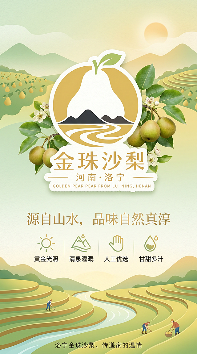 金珠沙梨品牌数字宣传海报设计，参考提供的logo，主色调嫩绿色和金黄色，现代精致亲切风格，主体为品牌logo