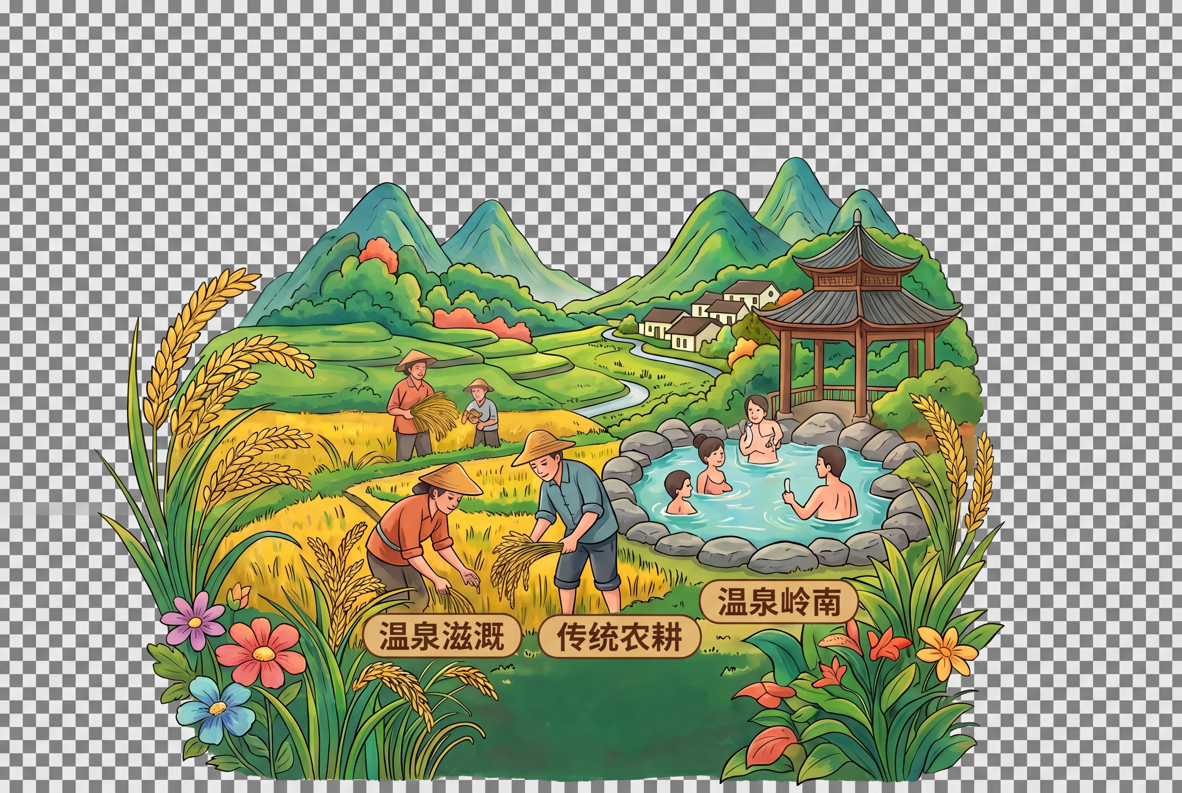 从清远丝苗米包装展开图中精准提取中央主视觉插画区域：包含青山梯… - 图片创意预览