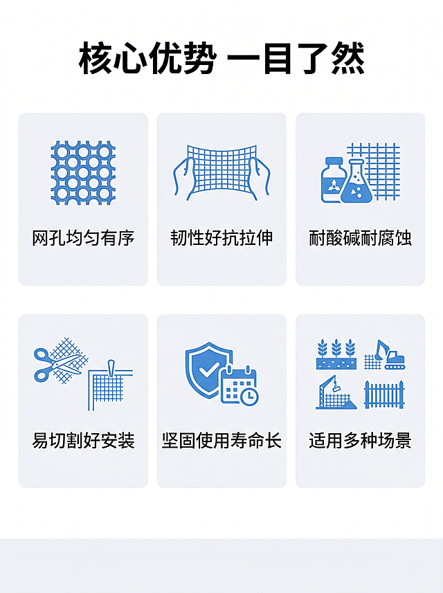 [第2屏] 塑料平网核心卖点总览。[氛围/风格] 简约专业电商设计，浅白底色，干净清晰。[元素布局] 页面顶部放标题，中间6个卖点卡片分两排排列，每个卖点搭配简约图标，底部留白，整体布局均衡。[光影质感] 均匀布光，无强烈阴影，卡片边缘清晰，图标识别度高。[配色色系] 全局底色：#FFFFFF；卡片背景：#F8F9FA；标题文字：#222222；卖点文字：#555555；图标：#4A90E2。[视角构图] 顶视正面排版，信息分区清晰，每款卖点独立展示。[文字版式] 顶部标题"核心优势 一目了然"8字黑色粗体，6个卖点分别为："网孔均匀有序"、"韧性好抗拉伸"、"耐酸碱耐腐蚀"、"易切割好安装"、"坚固使用寿命长"、"适用多种场景"，每个卖点4-8字，图标在上文字在下，文字清晰不拥挤。[比例分辨率] 宽高比3:4，1080*1440像素，4K分辨率，文字清晰可辨。[负向提示词] 图标变形，文字错乱，排版混乱，颜色冲突，水印。