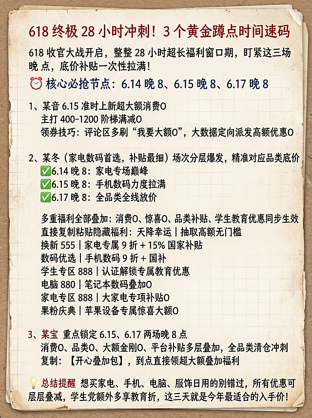 生成一张90比120厘米竖版高清自媒体海报，日记备忘录风格，使用钢笔字体，包含完整文案：'618 终极 28 小时冲刺！3 个黄金蹲点时间速码 618 收官大战开启，整整 28 小时超长福利窗口期，盯紧这三场晚 8 点，底价补贴一次性拉满！⏰核心必抢节点：6.14 晚 8、6.15 晚 8、6.17 晚 8 1、某音 6.15 准时上新超大额消费O 主打 400-1200 阶梯满减O 领券技巧：评论区多刷 “我要大额O”，大数据定向派发高额优惠O 2、某冬（家电数码首选，补贴最细）场次分层爆发，精准对应品类底价 ✅6.14 晚 8：家电专场巅峰 ✅6.15 晚 8：手机数码力度拉满 ✅6.17 晚 8：全品类全线放价 多重福利全部叠加：消费O、惊喜O、品类补贴、学生教育优惠同步生效 直接复制粘贴隐藏福利：天降幸运｜抽取高额无门槛 换新 555｜家电专属 9 折 + 15% 国家补贴 数码优选｜手机数码 9 折 + 国补 学生专区 888｜认证解锁专属教育优惠 电脑 880｜笔记本数码叠加O 家电专区 888｜大家电专项补贴O 果粉庆典｜苹果设备专属惊喜大额O 3、某宝 重点锁定 6.15、6.17 两场晚 8 点 消费O、品类O、大额金刚O、平台补贴多层叠加，全品类清仓冲刺 复制：【开心叠加包】，到点直接领超大额叠加福利 💡总结提醒 想买家电、手机、电脑、服饰日用的别错过，所有优惠可层层叠减，学生党额外多享教育折，这三天就是今年最适合的入手价！'，不要修改文案，不要添加logo，排版合理，标题使用红色钢笔字体。