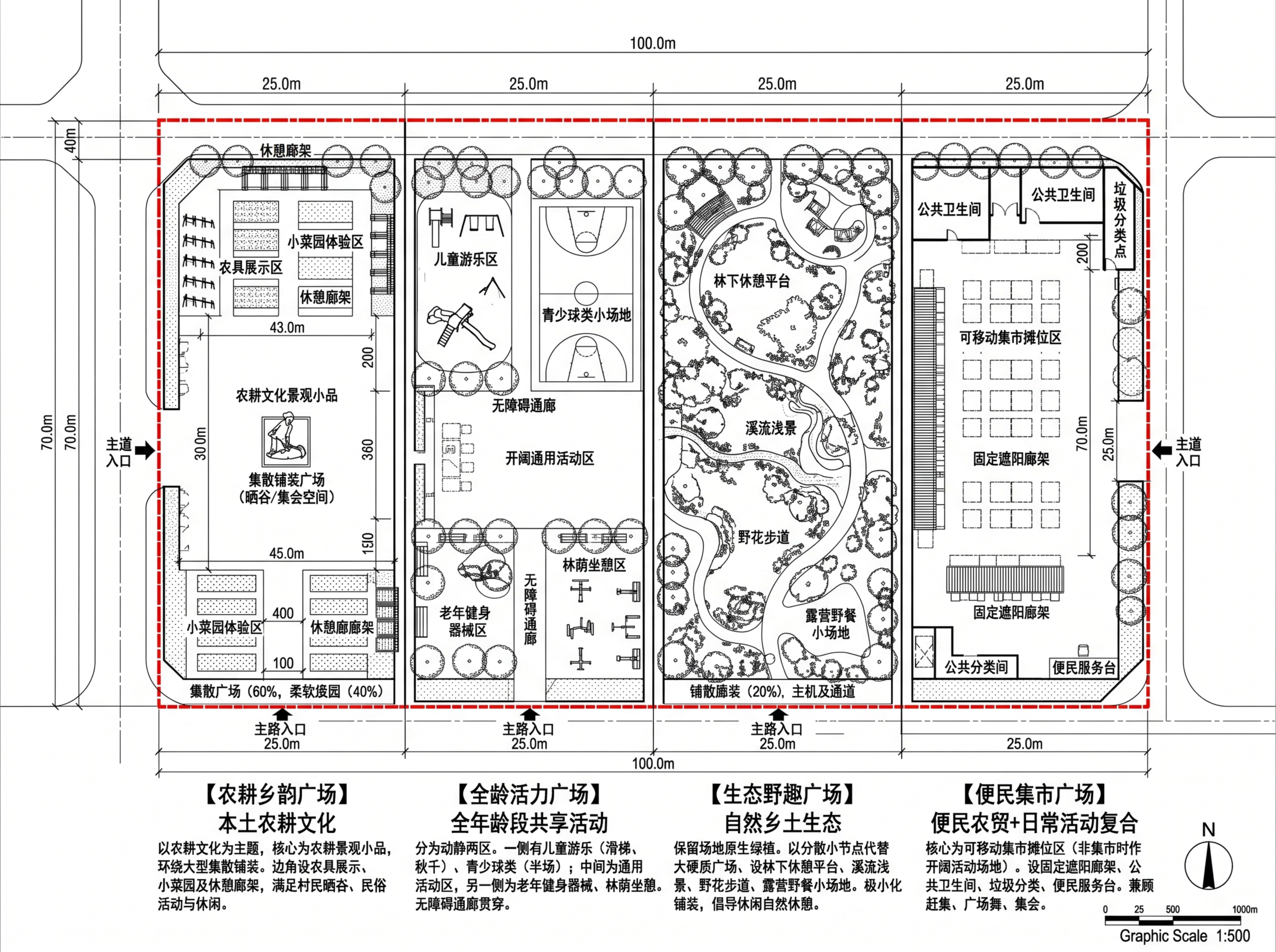 建筑总平面图，同一张图纸内均分四个分区，分别放置4套乡村活动广… - 图片创意预览