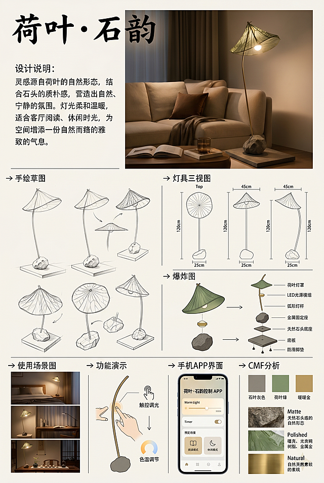 A3竖版设计展板，主题为“荷叶·石韵”创意灯具设计，版面干净、学术、作品集风格，采用网格布局，有清晰的标签和箭头指示，CMYK色彩模式，超高清，300dpi，版面不包含个人信息、学校、指导老师信息。包含以下10个板块，布局清晰合理：
1. 主效果图（约占版面1/3）：夜晚客厅场景，一款造型落地灯，灯罩为大荷叶造型（树脂材质，暖光3000K），弧形金属灯杆，天然粗糙石头底座。暖色灯光照亮沙发和翻开的书本，氛围宁静自然。参考图片：https://gdesign-dam-hz.dancf.com/36884996894868506/66385c816f1647e68841481e975157c2.jpg
2. 设计大标题：“荷叶·石韵”，粗体雅致书法字体。
3. 设计说明：简短文字框，说明灵感来自荷叶自然形态+石头质朴感，营造宁静氛围，暖光3000K，适合阅读。
4. 手绘草图：干净白底，多张草图展示荷叶造型和石头底座的设计推演，参考草图：https://gdesign-dam-hz.dancf.com/36884997472899192/360edc9bea324bbdaa68cd586c322022.jpg
5. 灯具三视图：正视图、侧视图、俯视图，标注尺寸（总高120cm，底座宽25cm，灯罩直径45cm）。
6. 爆炸图：分解展示各部件并标注名称：荷叶灯罩、LED光源模组、弧形灯杆、金属固定座、天然石头底座、底板、防滑脚垫，参考爆炸图：https://gdesign-dam-hz.dancf.com/36884996894868506/66385c816f1647e68841481e975157c2.jpg
7. 使用场景图：三个小场景拼接——卧室、书房、茶室，灯具在不同空间中的效果。
8. 功能演示图：用户触摸灯杆上的隐藏调光器或手势控制图标，灯光亮度变化示意。
9. 手机APP界面：智能手机屏幕展示灯具控制界面，包含暖光滑动条（3000K）、定时开关、以及“阅读模式”“休闲模式”情景预设按钮。
10. CMF分析：色板（石灰色、荷叶绿、暖金色）、材料（树脂、天然石材、金属）、肌理（哑光、抛光、自然石纹）。