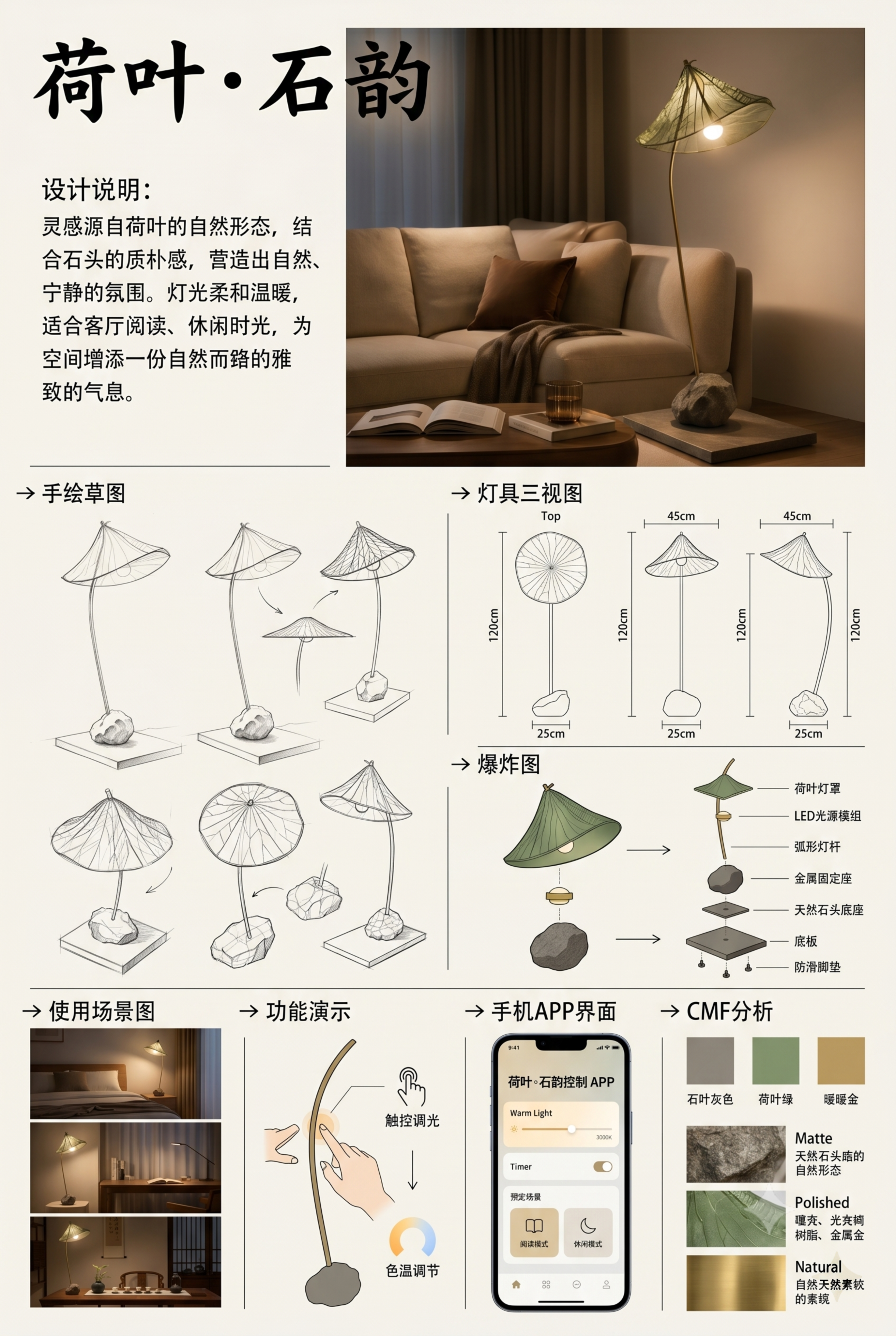 A3竖版设计展板，主题为“荷叶·石韵”创意灯具设计，版面干净、… - 图片创意预览